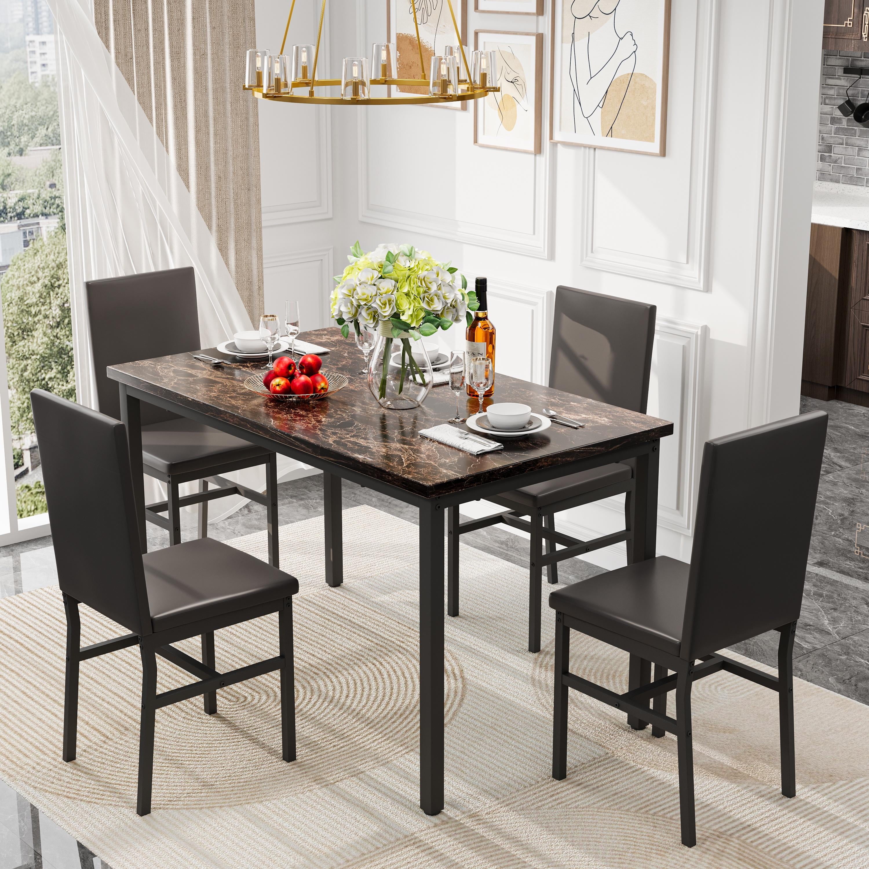 PAPROOS Dining Table Set for 4, Modern 5-Piece Kitchen Table Set with Faux Marble Top and Velvet Upholstery Chairs, Heavy Duty Dinette Sets for Breakfast Nook, Dining Room Table and Chairs, Gray