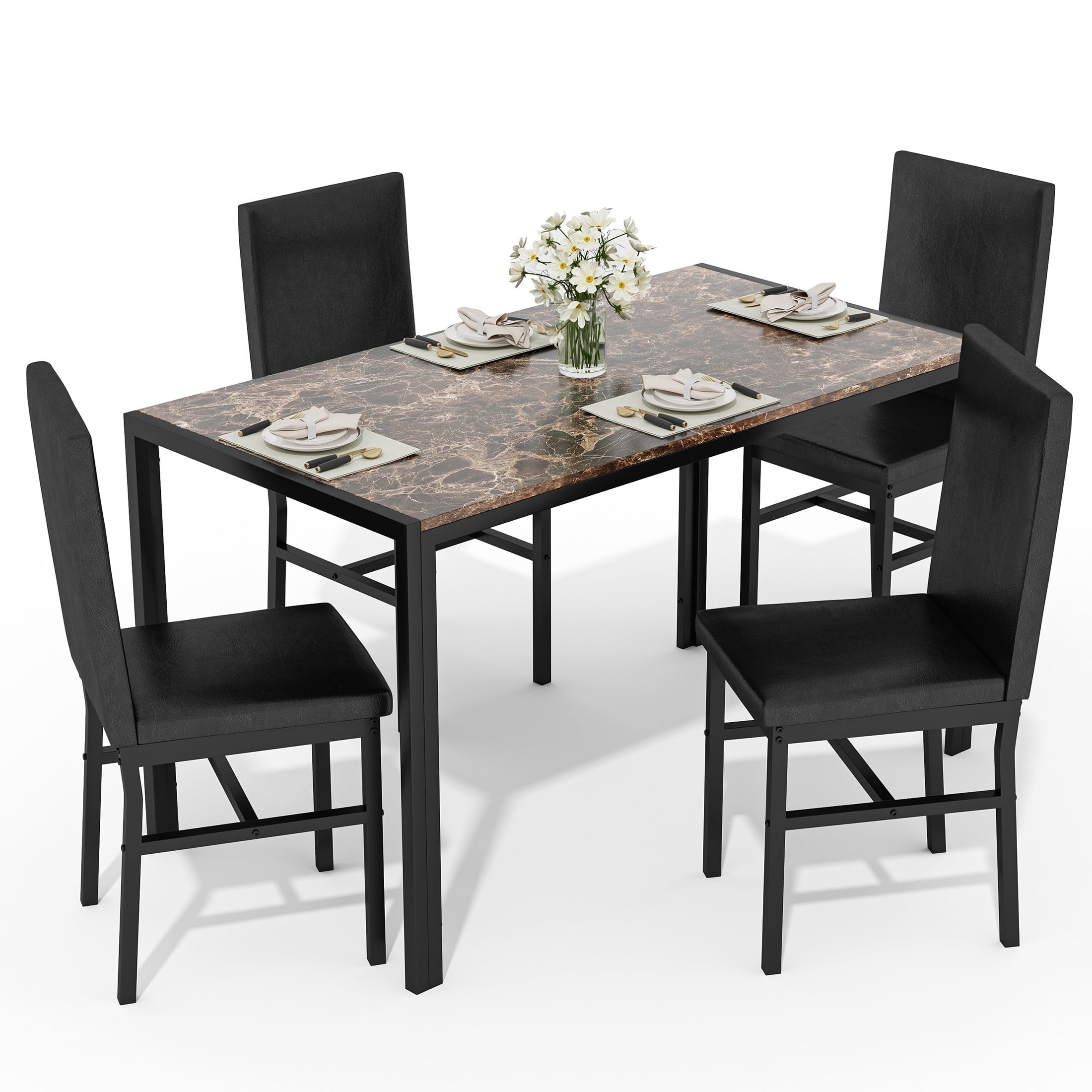 PAPROOS Dining Table Set for 4, Modern 5-Piece Kitchen Table Set with Faux Marble Top and Velvet Upholstery Chairs, Heavy Duty Dinette Sets for Breakfast Nook, Dining Room Table and Chairs, Gray