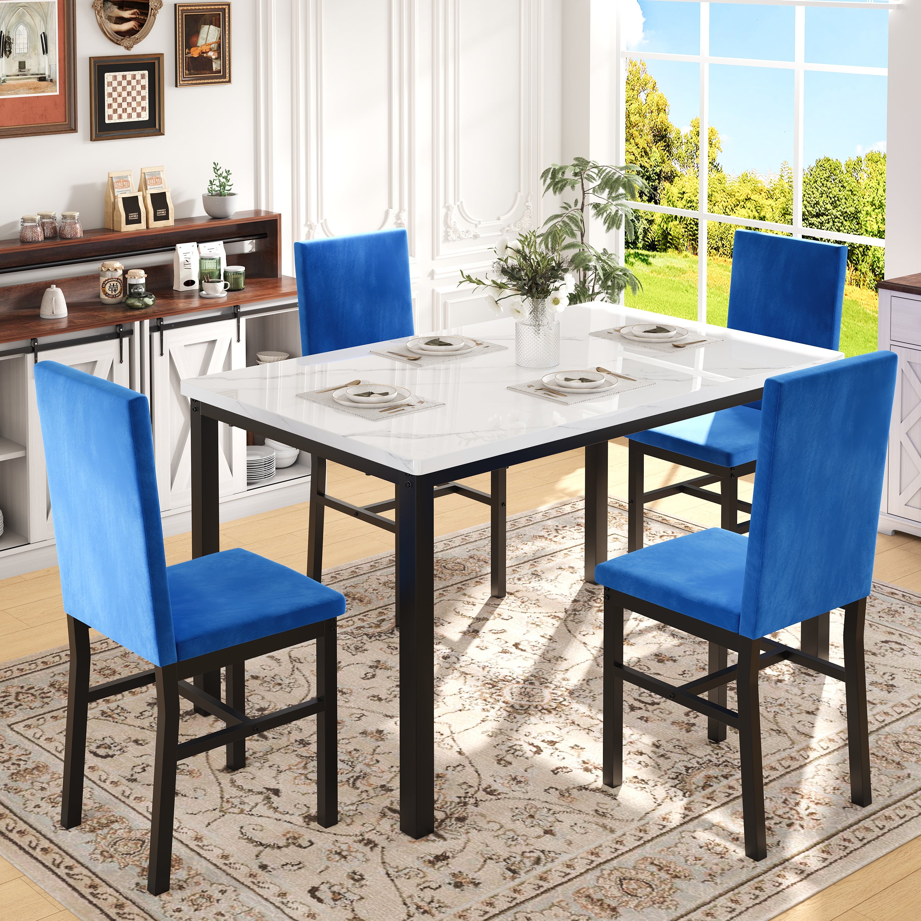 PAPROOS Dining Table Set for 4, Modern 5-Piece Kitchen Table Set with Faux Marble Top and Velvet Upholstery Chairs, Heavy Duty Dinette Sets for Breakfast Nook, Dining Room Table and Chairs, Gray