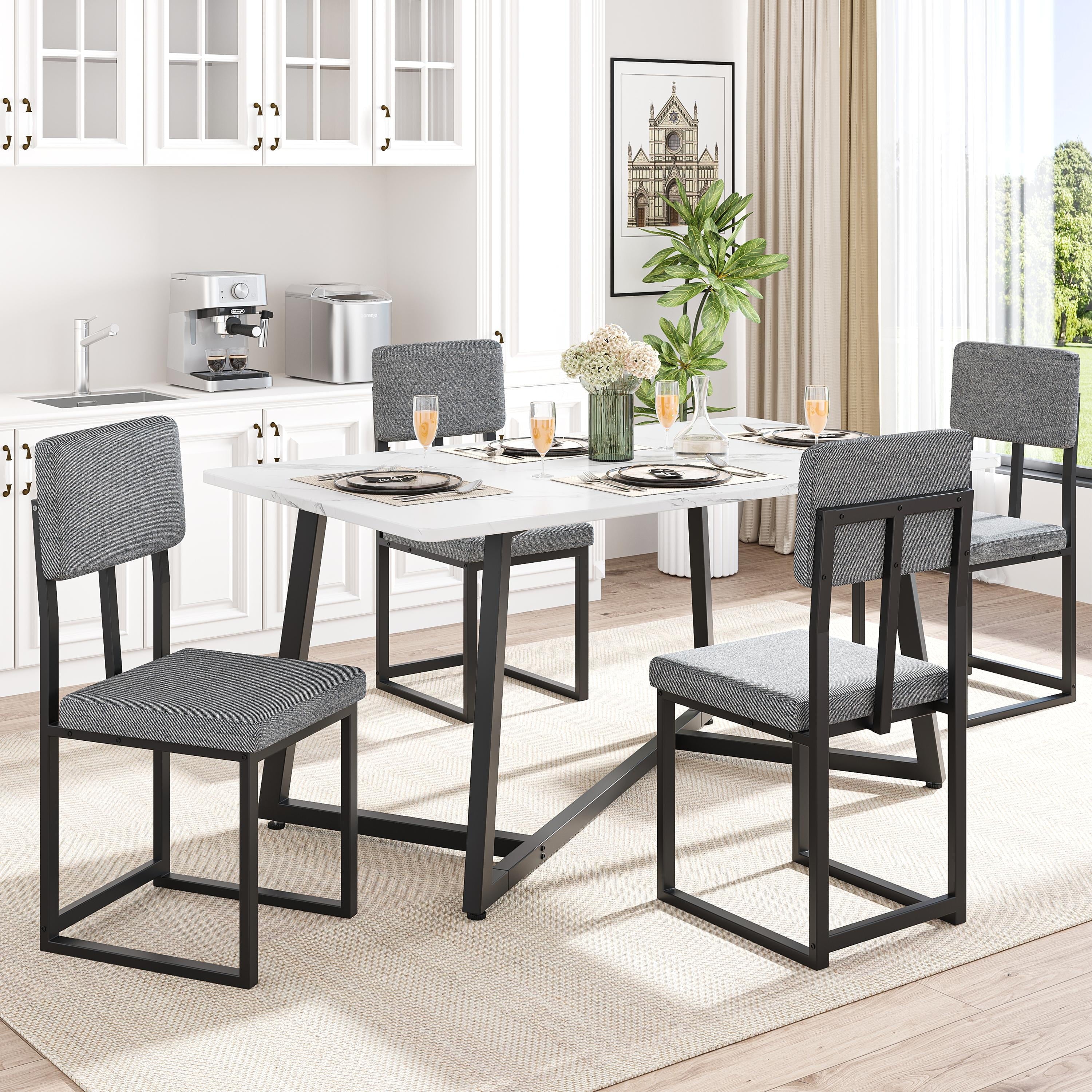 PAPROOS Dining Table Set for 4, 5 Piece Dining Room Table Set with Faux Marble Top and Fabric Upholstery Chairs, Modern Dinette Sets for Breakfast Nook, Kitchen Table and Chairs Set, White&Gray