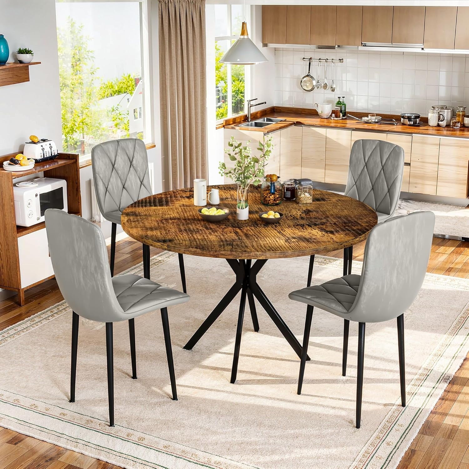 LinkRomat Round Kitchen Table and Chairs Set, 5-Piece Dining Room Table Set with Faux Marble Top & 4 Luxury Diamond Tufted Chairs, Used in Kitchens and Dining (Brown+Gray)