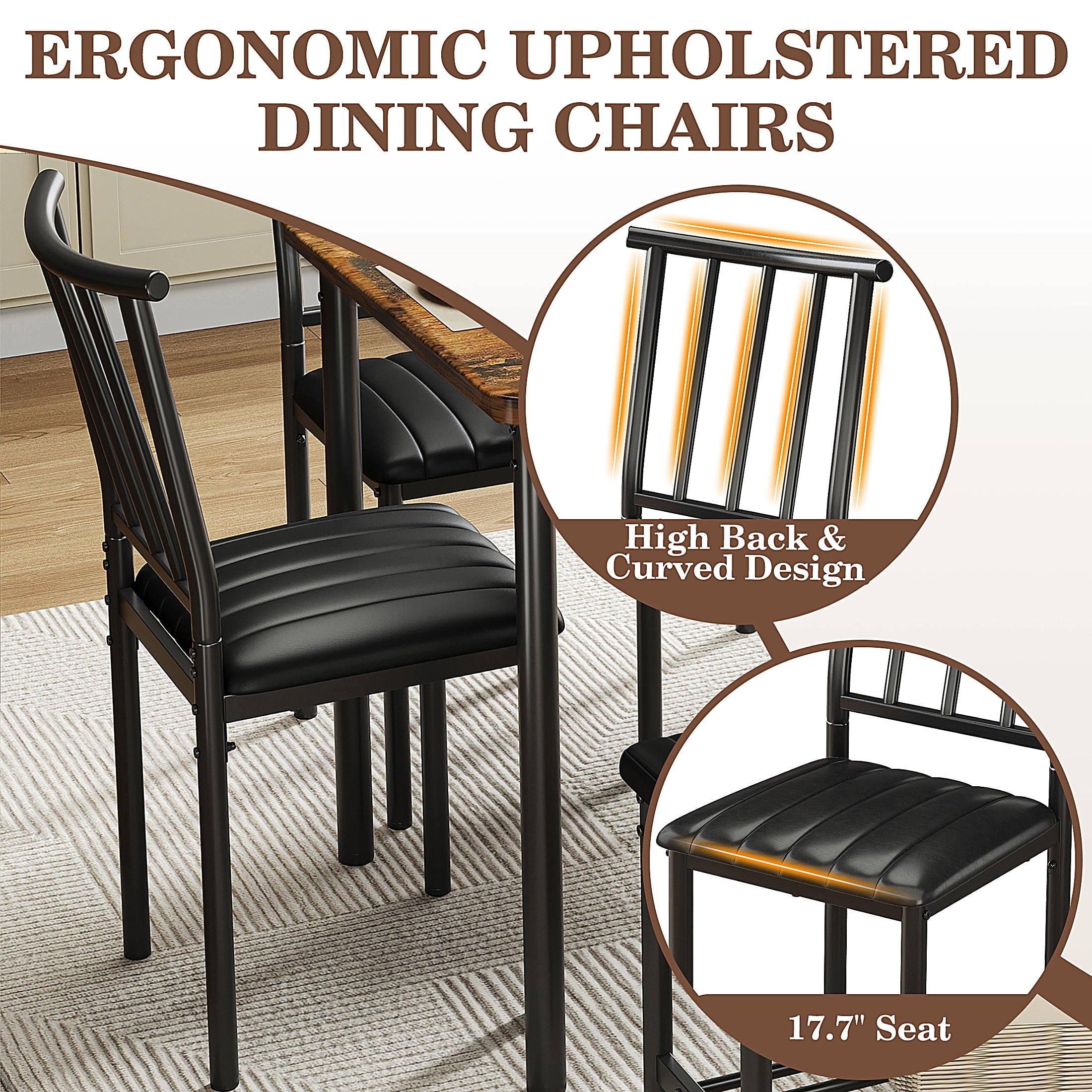 uhomepro Dining Table Set for 6, 6 Piece Kitchen Table Set with 4 PU Leather Chairs and Bench, Dining Set with Storage Rack for Dining Room, Kitchen and Apartment, Brown and Black