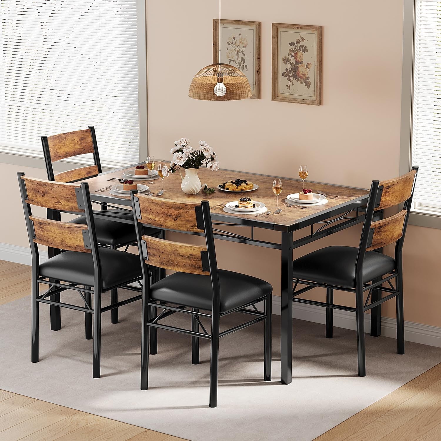 Dining Table Set for 4, Dining Room Table Set for 4 with Upholstered Chairs, Wood Kitchen Table Chairs Set of 4 with Corner Protector for Small Space, Kitchen, Apartment, Rustic Brown