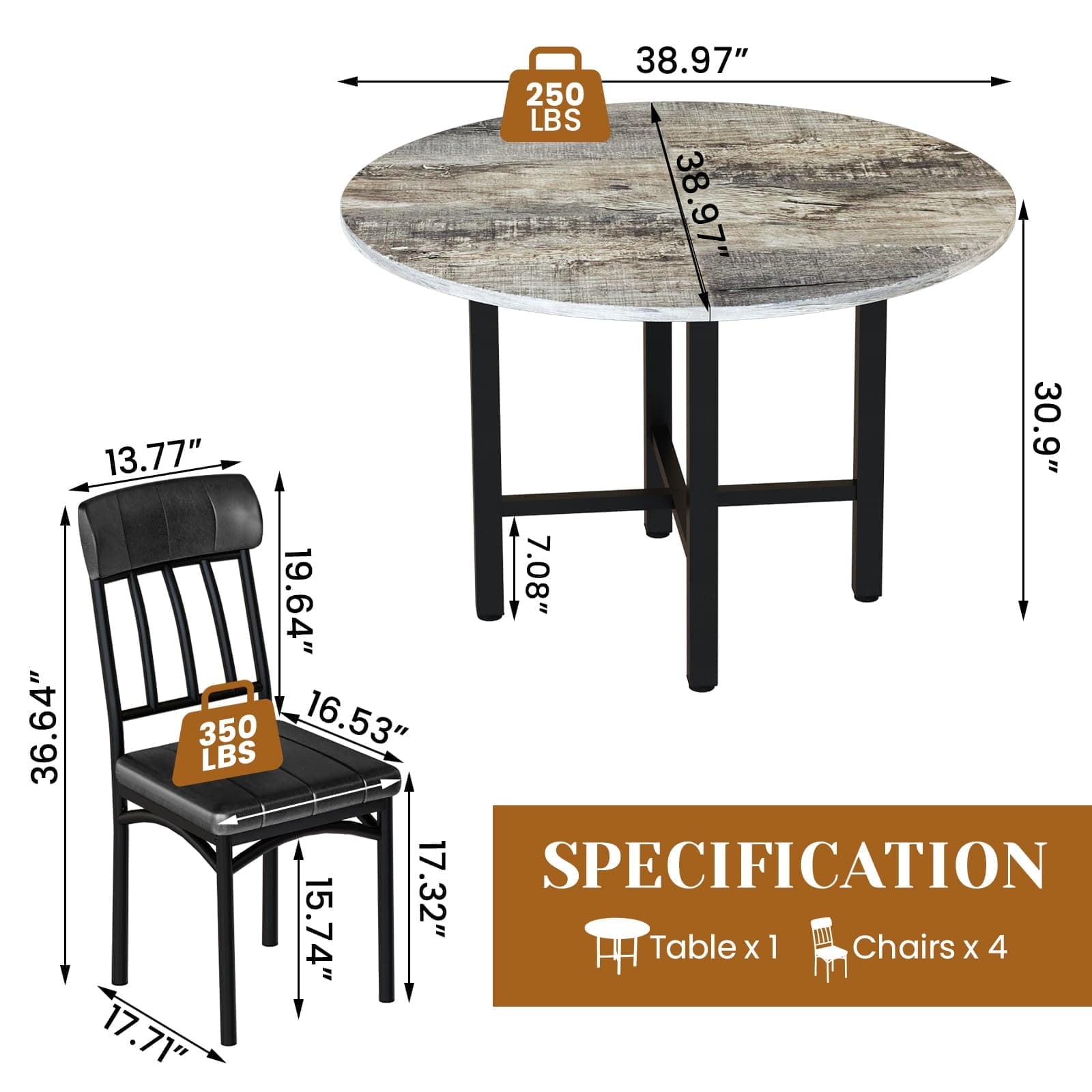 Round Dining Table Set for 4, Solid Wood Thickened Table Top Kitchen Dining Table and Chairs Set, Modern Dining Room Dining Table Set for 4 for Apartment, Kitchen, Dining Room, Rustic Gray