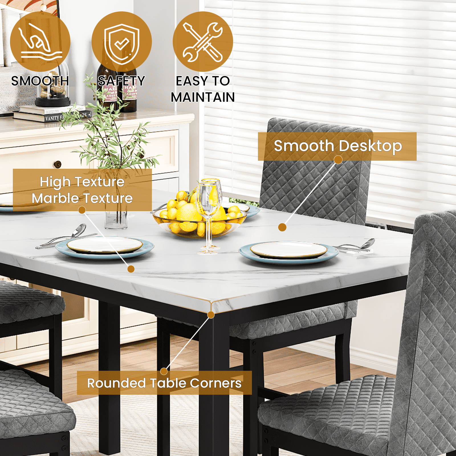 Baxluxe Dining Table Set for 4, Modern 5 Piece Dining Table Set, Faux Marble Kitchen Table and 4 Velvet Upholstered Chairs for Apartments, Dining Rooms, Small Spaces, Gray