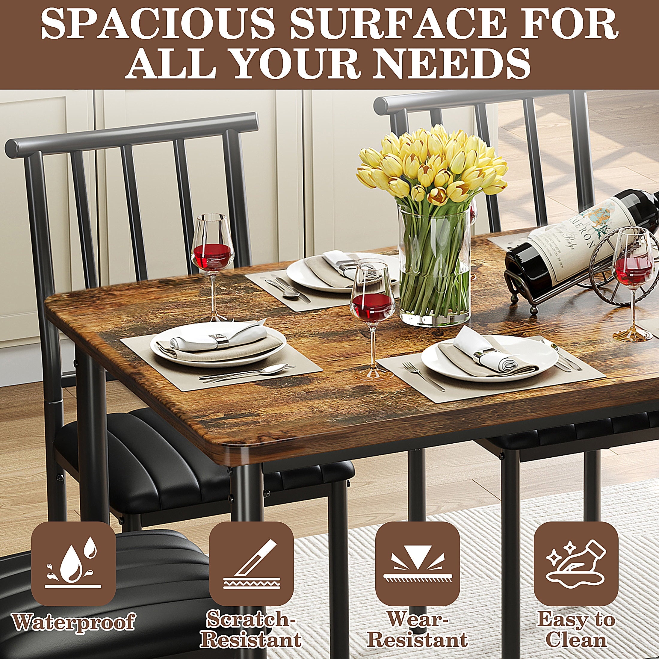 uhomepro Dining Table Set for 6, 6 Piece Kitchen Table Set with 4 PU Leather Chairs and Bench, Dining Set with Storage Rack for Dining Room, Kitchen and Apartment, Brown and Black