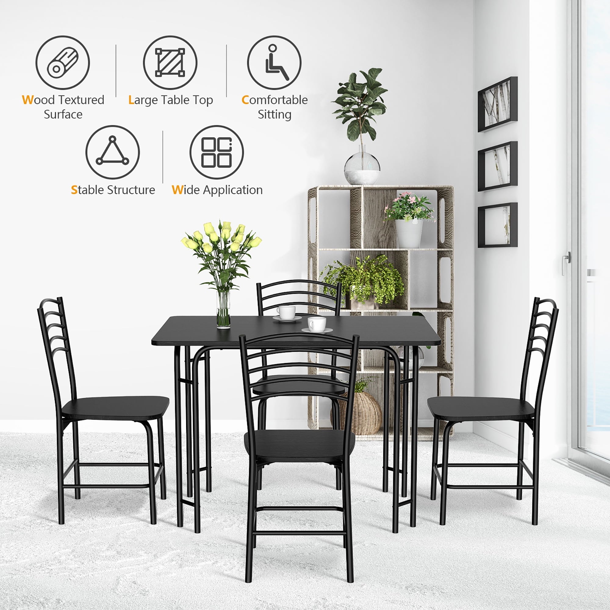 5 Pcs Modern Dining Table Set 4 Chairs Steel Frame Home Kitchen Furniture Black