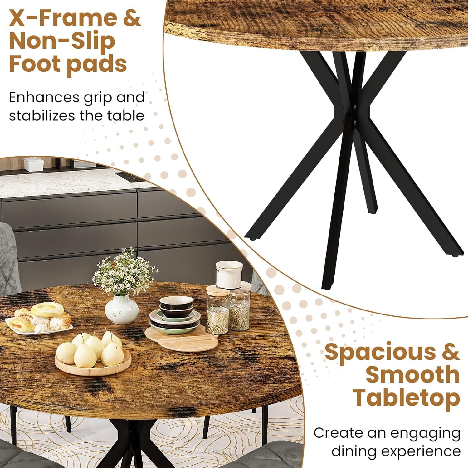 LinkRomat Round Kitchen Table and Chairs Set, 5-Piece Dining Room Table Set with Faux Marble Top & 4 Luxury Diamond Tufted Chairs, Used in Kitchens and Dining (Brown+Gray)