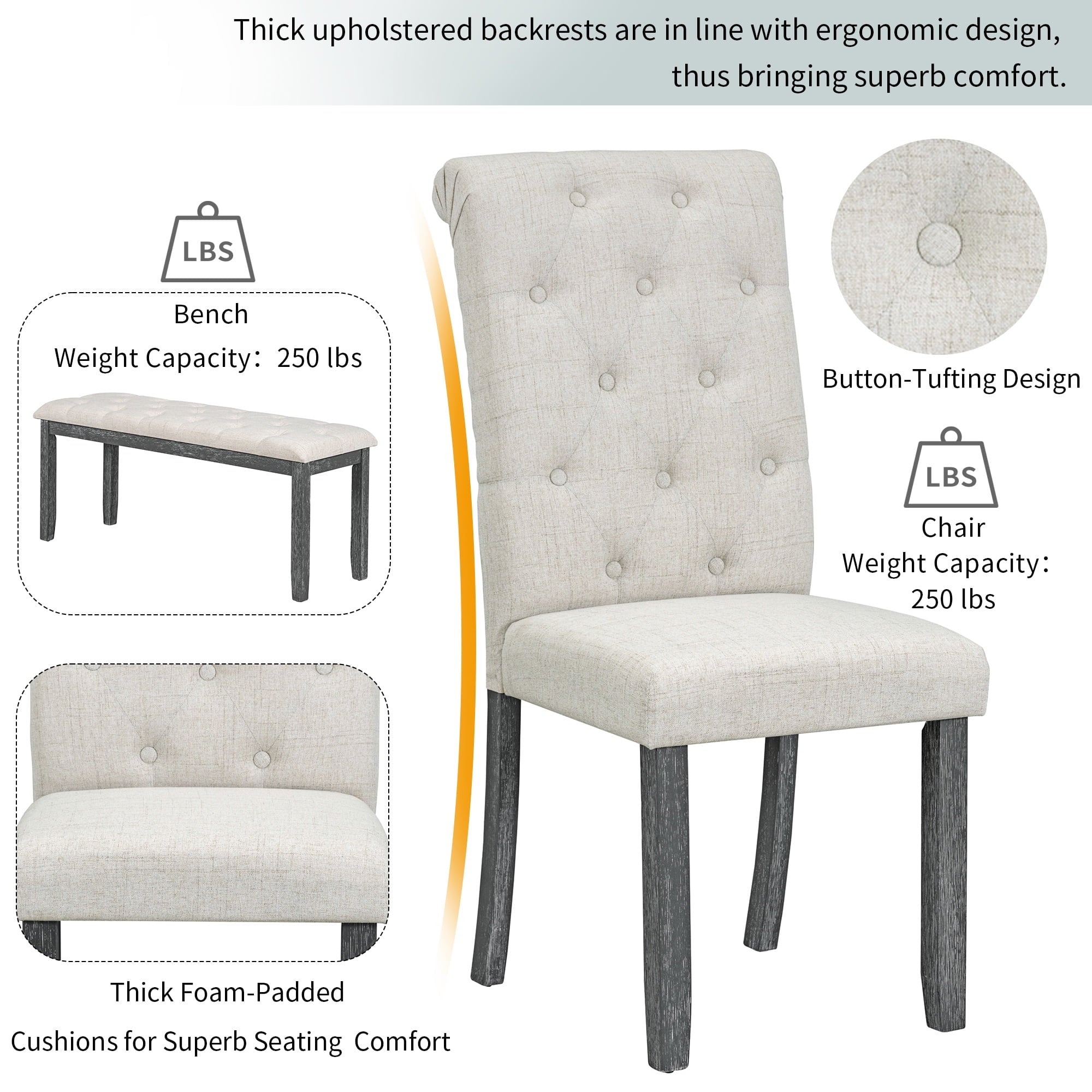 Bellemave 6 Piece Kitchen Dining Table Set, Rectangular Table with 4 Upholstered Chairs and a Bench, Wood Dining Room Table Set for 6 People, Living Room Furniture（Gray Wash）