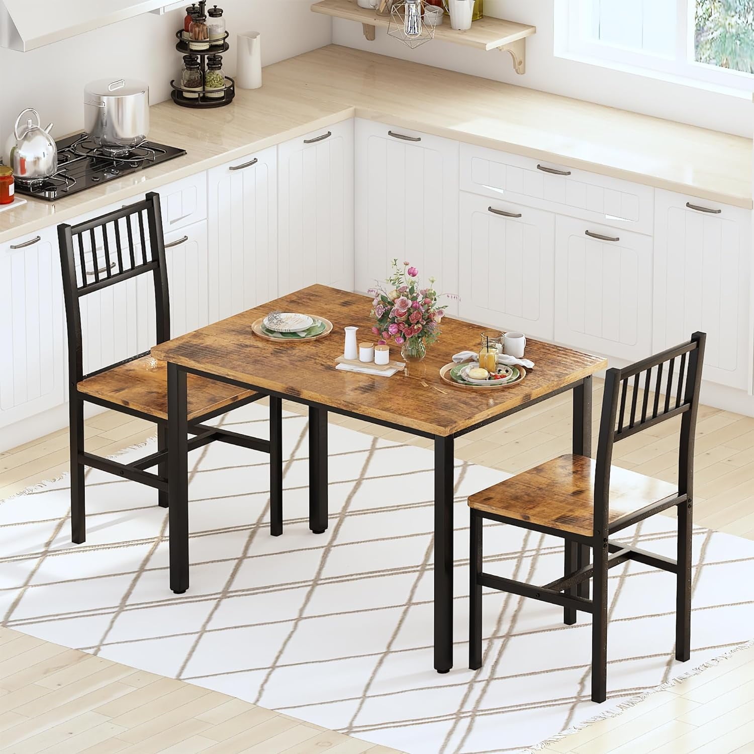 Baxluxe Dining Table Set, Rustic Kitchen Table and 2 Chairs with Metal Frame, Dining Room Dining Table Set, Small Space Breakfast Dining Table Set, Dining Room, Kitchen, Rustic Brown