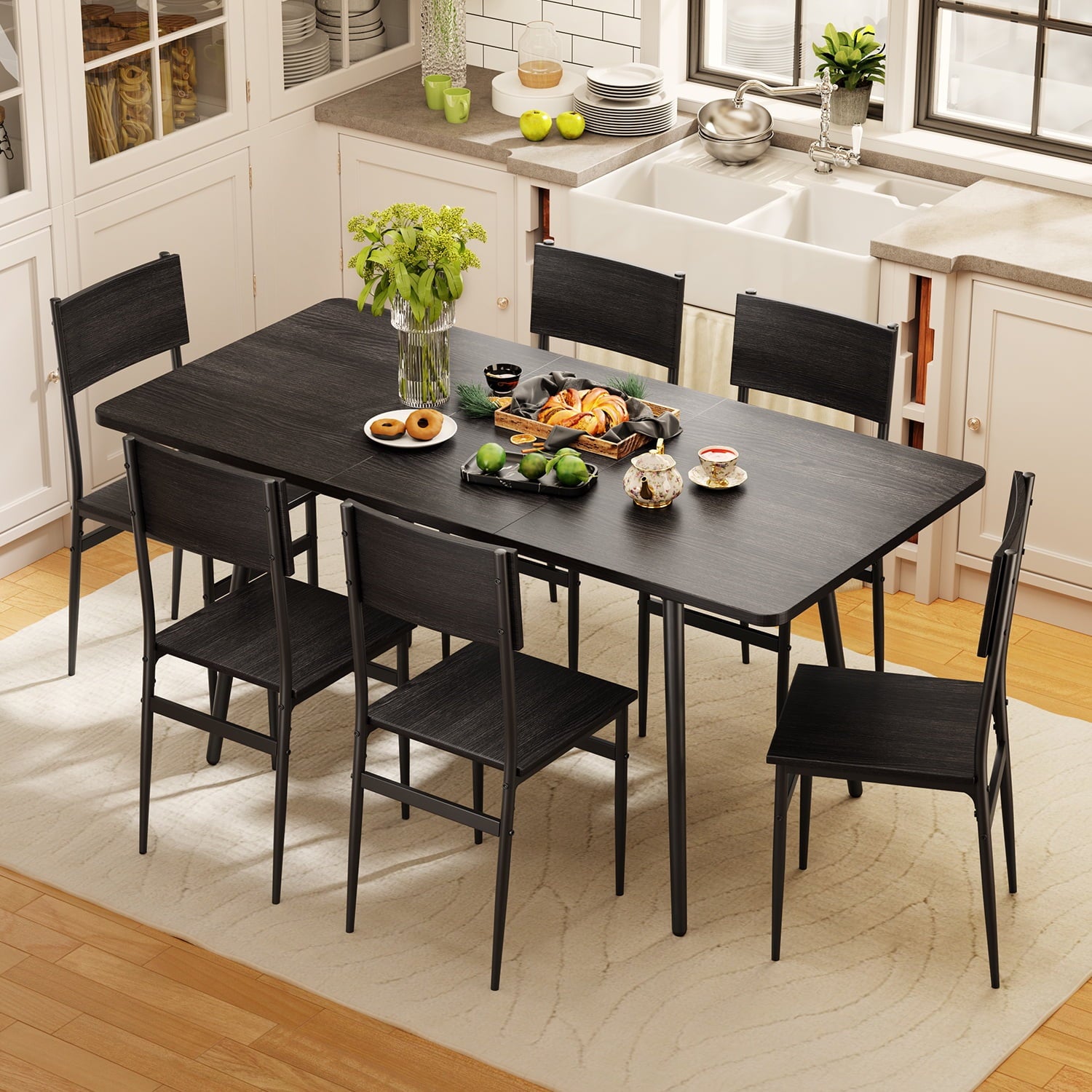 63” Kitchen Table and Chairs Set for 6, Lofka Extendable Dining Table Sets with 6 Wood High Back Seating Chairs, Black
